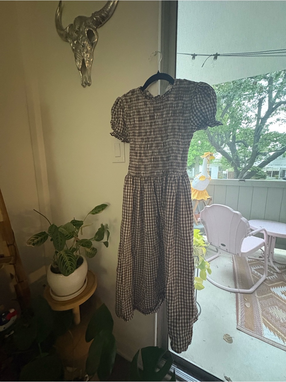 Gingham Puff-Sleeve Midi Dress in Brown and White